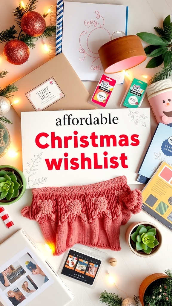 Affordable Christmas Wishlist Ideas A collection of budget-friendly Christmas wishlist ideas including crafts, books, and plants arranged with holiday decorations.